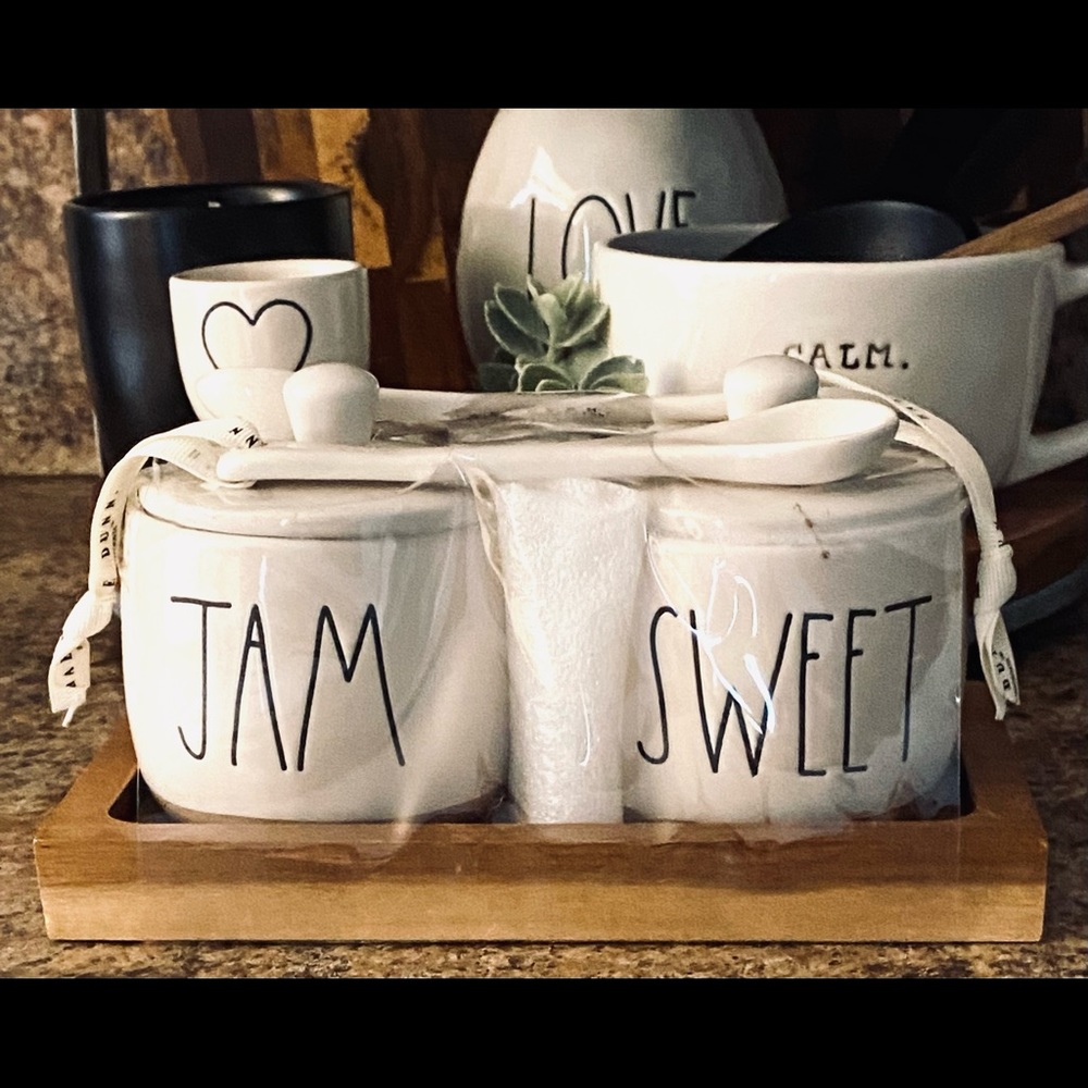 New Rae Dunn Ceramic storage jar set with spoons on a wooden tray. 
JAM/SWEET 💜